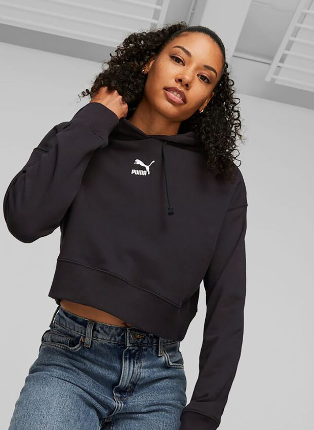 FELPA CON CAPPUCCIO CLASSICS CROP, 01 BLK, large