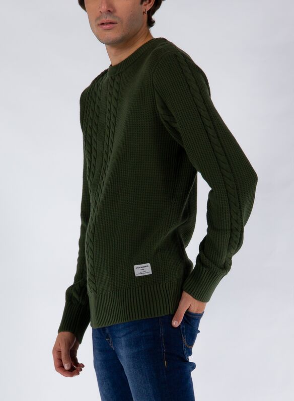 MAGLIONE MENPHIS GIROCOLLO TRECCE, FOREST, medium