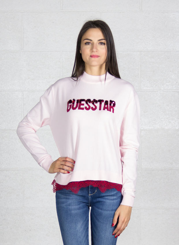 GUESS MAGLIONE STAMPA INSERTO PIZZO Rosa Donna | Sport85