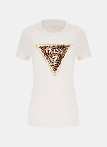 T-SHIRT STRETCH LOGO TRIANGOLO CON STRASS, G012 CREMA, small