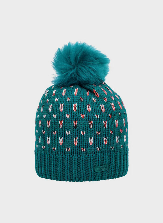 CAPPELLO IN MAGLIA  CON PONPON, E867 TEAL, large