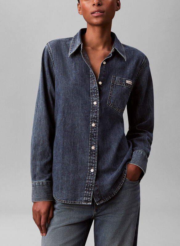 CAMICIA A TUNICA BUTTON-DOWN IN DENIM, 3UA STONE, medium