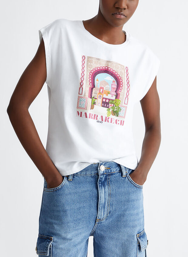 T-SHIRT CON STAMPA MARRAKECH E STRASS, N9283 WHT, large