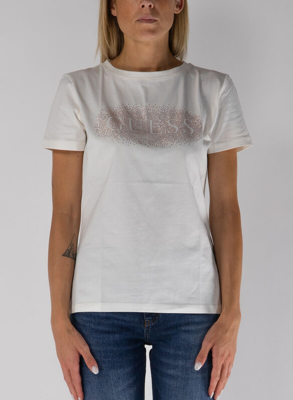 T-SHIRT CON SCRITTA IN STRASS, G018 PANNA, medium