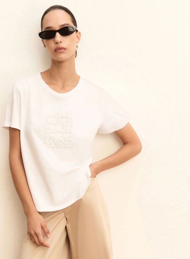 T-SHIRT CON LOGO E PAILLETTE, 001 WHT, large