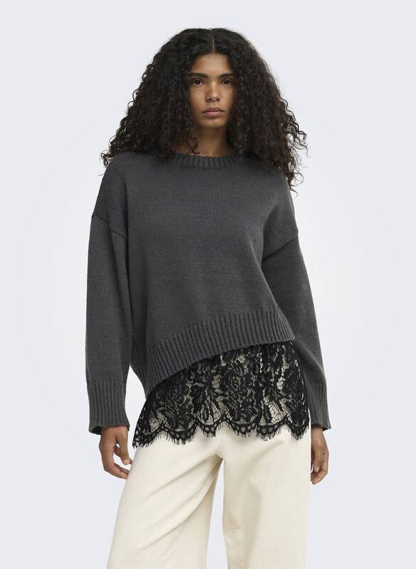 MAGLIONE EVIE INSERTO PIZZO, DARK GREY MELANGE, medium