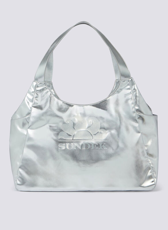 BORSA SHOPPER LAMINATA CON LOGO, 186LA SILVER, medium