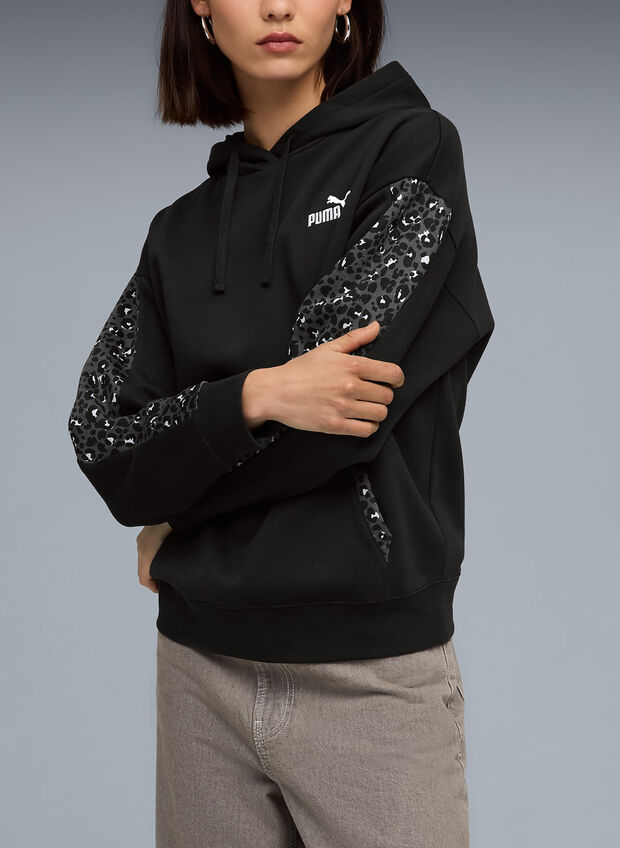 FELPA HOODIE CON STAMPA ANIMALIER ESSENTIALS, 01 BLK, large
