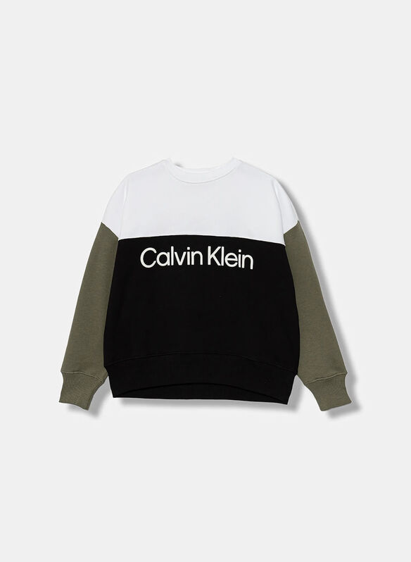 FELPA GIROCOLLO COLORBLOCK CON LOGO IN FRENCH TERRY RAGAZZO, BEH BLKWHTOLIVE, medium