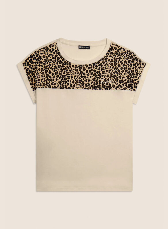 T-SHIRT DETTAGLIO ANIMALIER SULLE SPALLE, W33 PANNA, medium