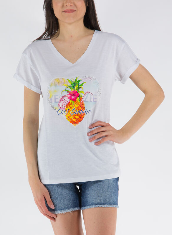 T-SHIRT FIAMMATA SCOLLO V STAMPATA, 101WHT, medium