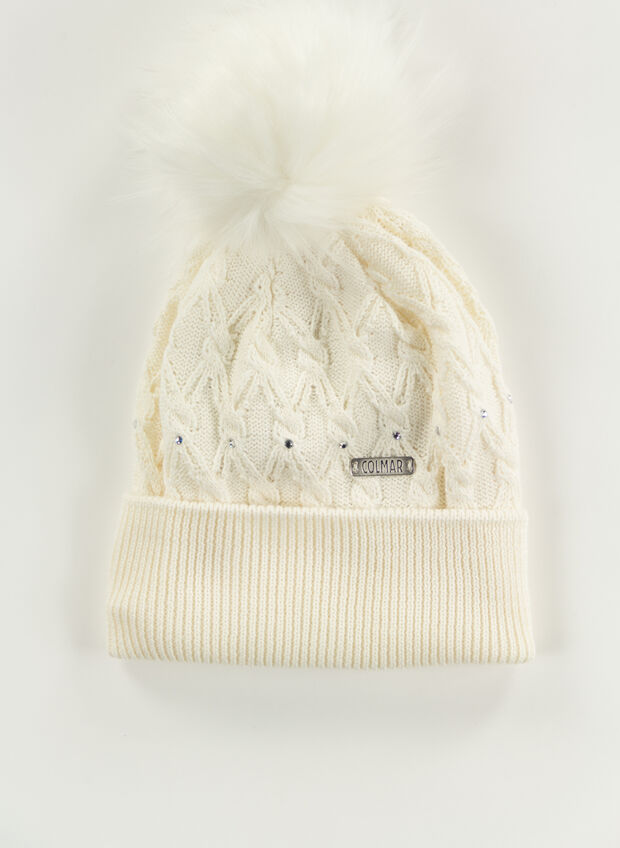 CAPPELLO IN MISTO LANA CON STRASS, 01 WHT, large