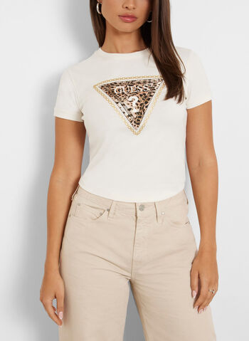 T-SHIRT STRETCH LOGO TRIANGOLO CON STRASS, G012 CREMA, small