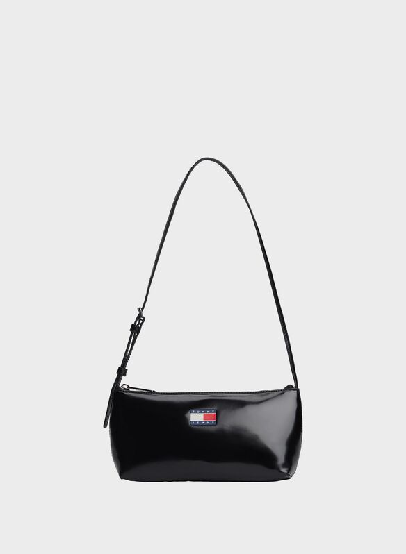 BORSA A SPALLA ESSENTIAL LUCIDA CON LOGO, BDS BLK, medium