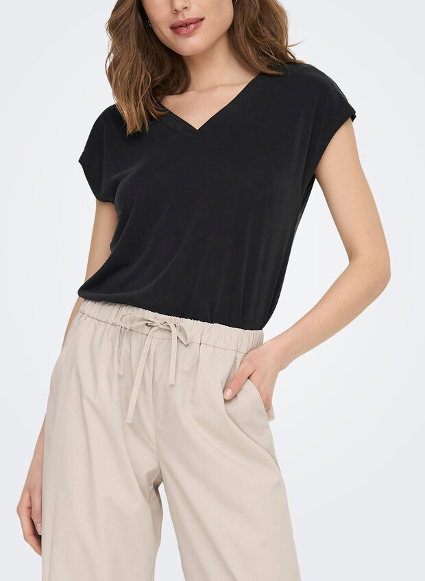 T-SHIRT SCOLLO A V FREE MODAL, BLACK, large