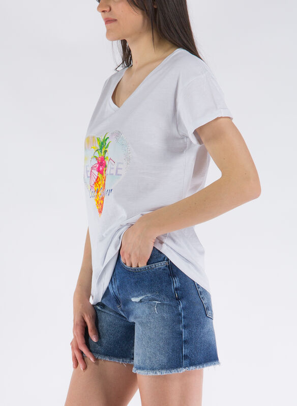 T-SHIRT FIAMMATA SCOLLO V STAMPATA, 101WHT, medium