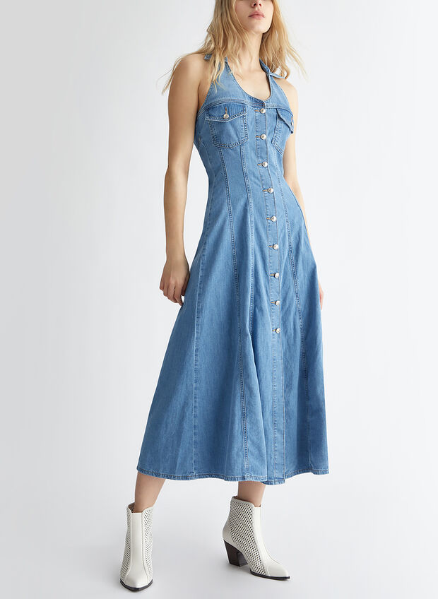 ABITO MIDI IN DENIM CON BOTTONI, 78722 STONE, large