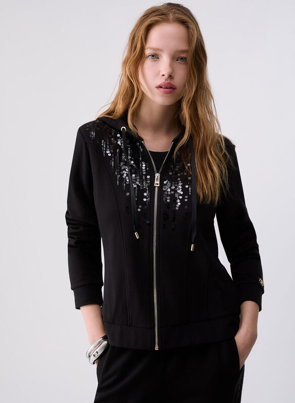 FELPA FULL ZIP CON PAJETTES, 22222 BLK, medium