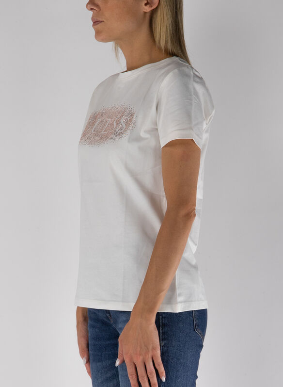 T-SHIRT CON SCRITTA IN STRASS, G018 PANNA, medium