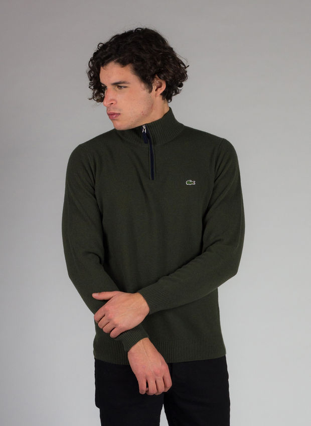 LACOSTE PULLOVER CON COLLO A LISTINO E ZIP IN JERSEY DI LANA TINTA UNITA  Verde Uomo | Sport85