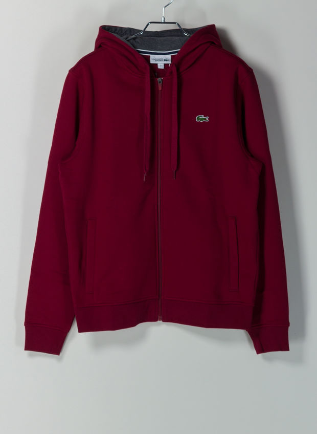 FELPA TENNIS CON ZIP E CAPPUCCIO IN PILE IN TINTA UNITA, 3VL BORDEAUX, large