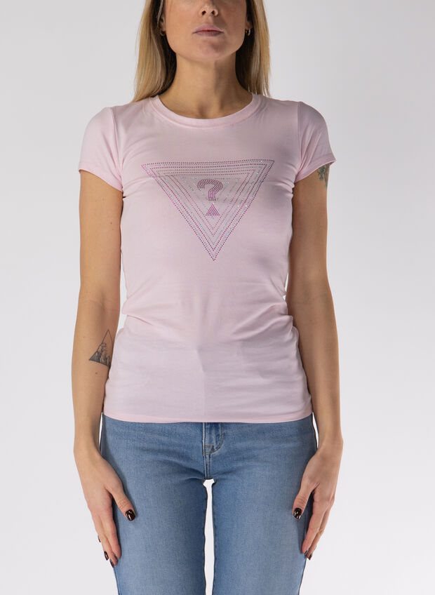 T-SHIRT GIROCOLLO CON LOGO STRASS, A60W PINK, large