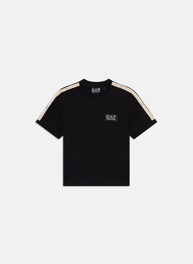 T-SHIRT TAPE LOGO IN PURO COTONE RAGAZZO, UC001 BLK, large