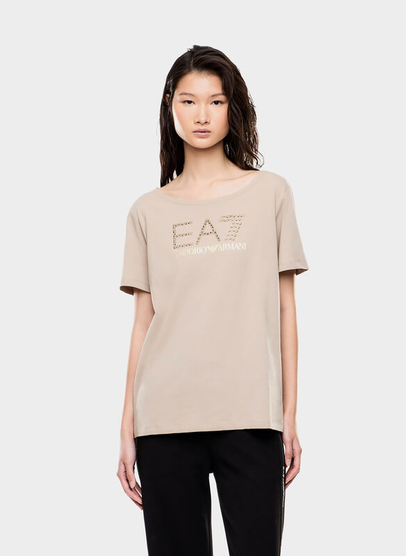 T-SHIRT LOGO STRASS, U6225 BEIGE, medium