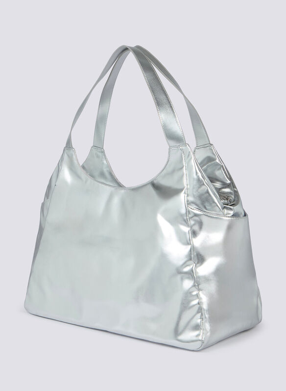 BORSA SHOPPER LAMINATA CON LOGO, 186LA SILVER, medium