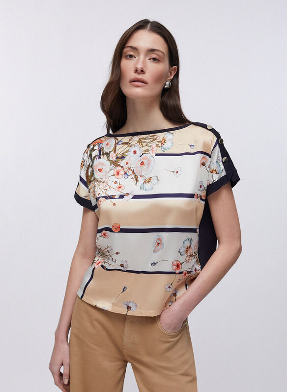 BLUSA CON INSERTO IN TWILL STAMPATO, P9466 NVYFANT, medium