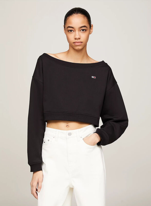 FELPA CROP ESSENTIAL CON SCOLLO A BARCA, BDS BLK, large