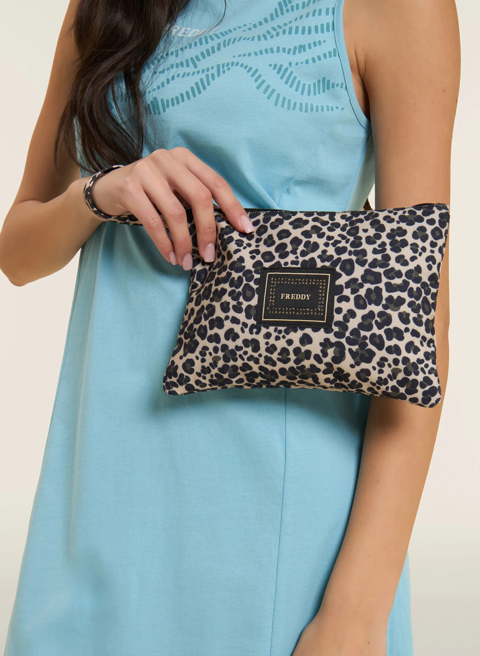 Pouchette Animalier In Canvas Con Zip E Logo Con Strass