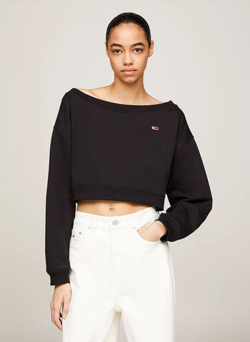 FELPA CROP ESSENTIAL CON SCOLLO A BARCA, BDS BLK, small