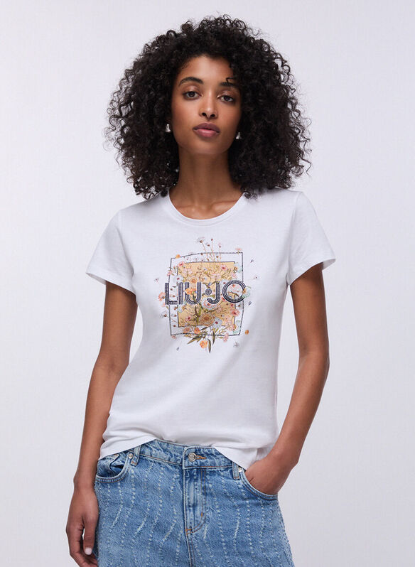 T-SHIRT CON STAMPA E STRASS, P9604 WHTBEI, medium