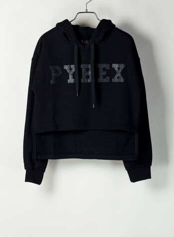 FELPA CROP CON CAPPUCCIO E STAMPA GLITTER, NEROGLITTER, small