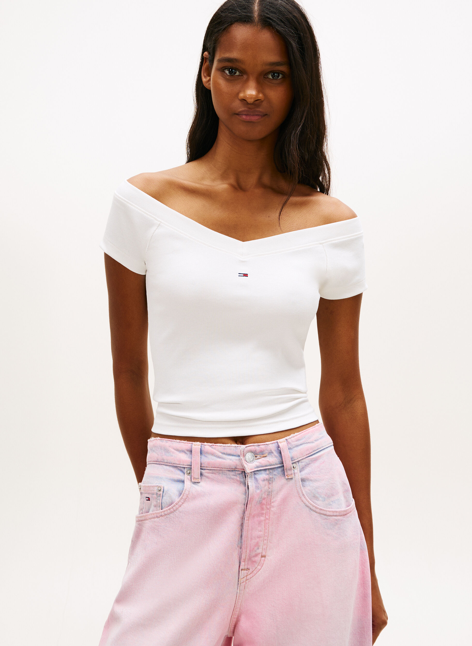 T-Shirt A Coste Con Spalle Scoperte