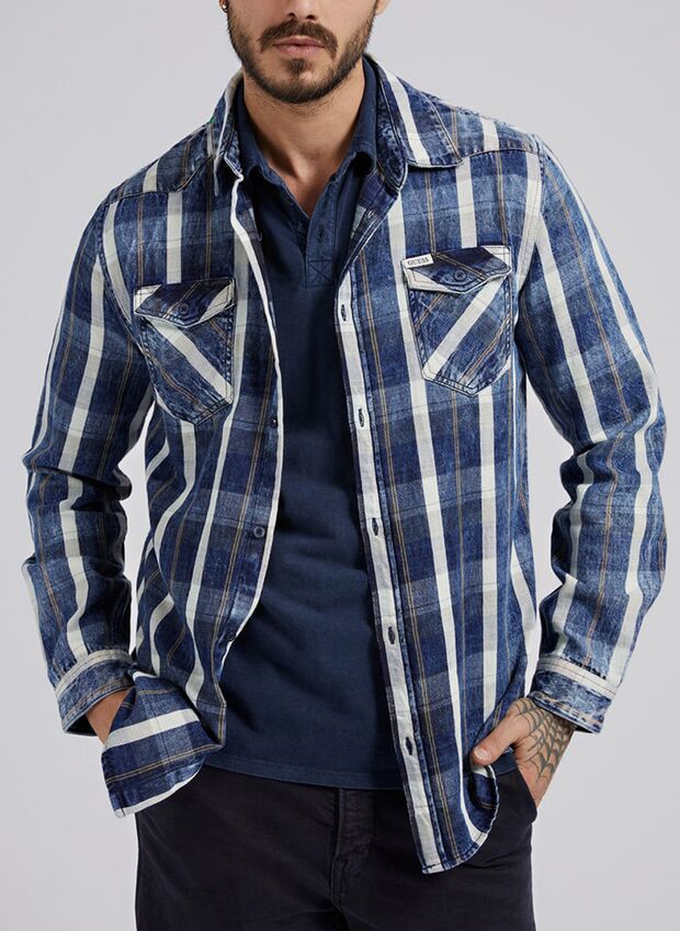 GUESS CAMICIA JEANS QUADRETTATO Arancione, Bianco, Blu | Sport85