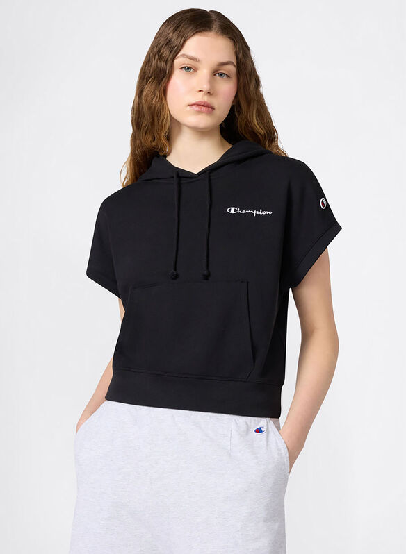 FELPA LEGGERA CON CAPPUCCIO A MANICHE CORTE ICONS, KK001 BLK, medium