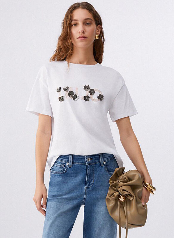 T-SHIRT CON APPLICAZIONI GIOIELLO, P9560 WHT, medium