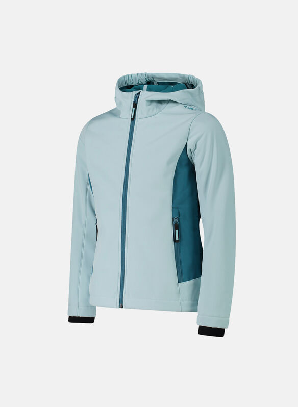 GIACCA FULL ZIP CON CAPPUCCIO SOFTSHELL OUTDOOR RAGAZZA, 00ES ACQUATEAL, medium