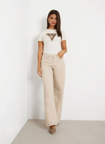 T-SHIRT STRETCH LOGO TRIANGOLO CON STRASS, G012 CREMA, small