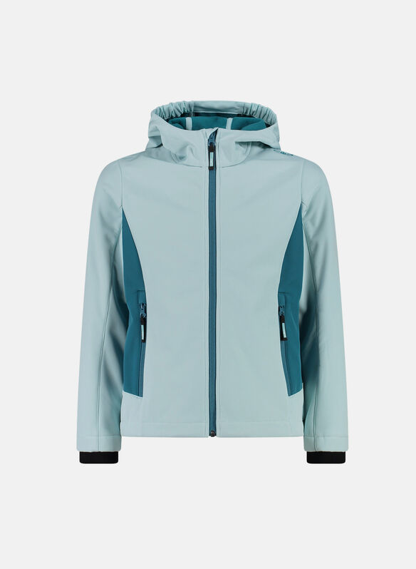 GIACCA FULL ZIP CON CAPPUCCIO SOFTSHELL OUTDOOR RAGAZZA, 00ES ACQUATEAL, medium