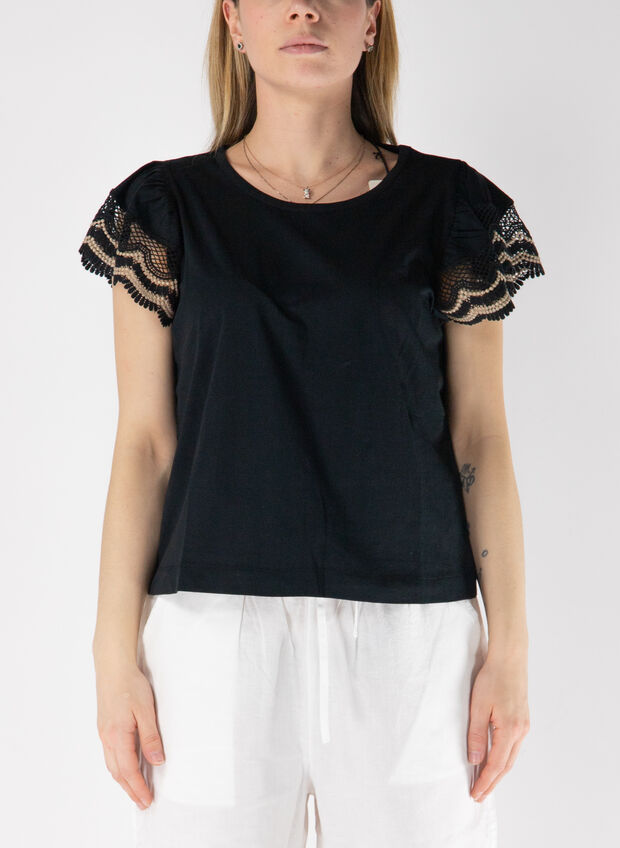 T-SHIRT A MANICA CORTA CON SPALLINE A PIZZO, , large