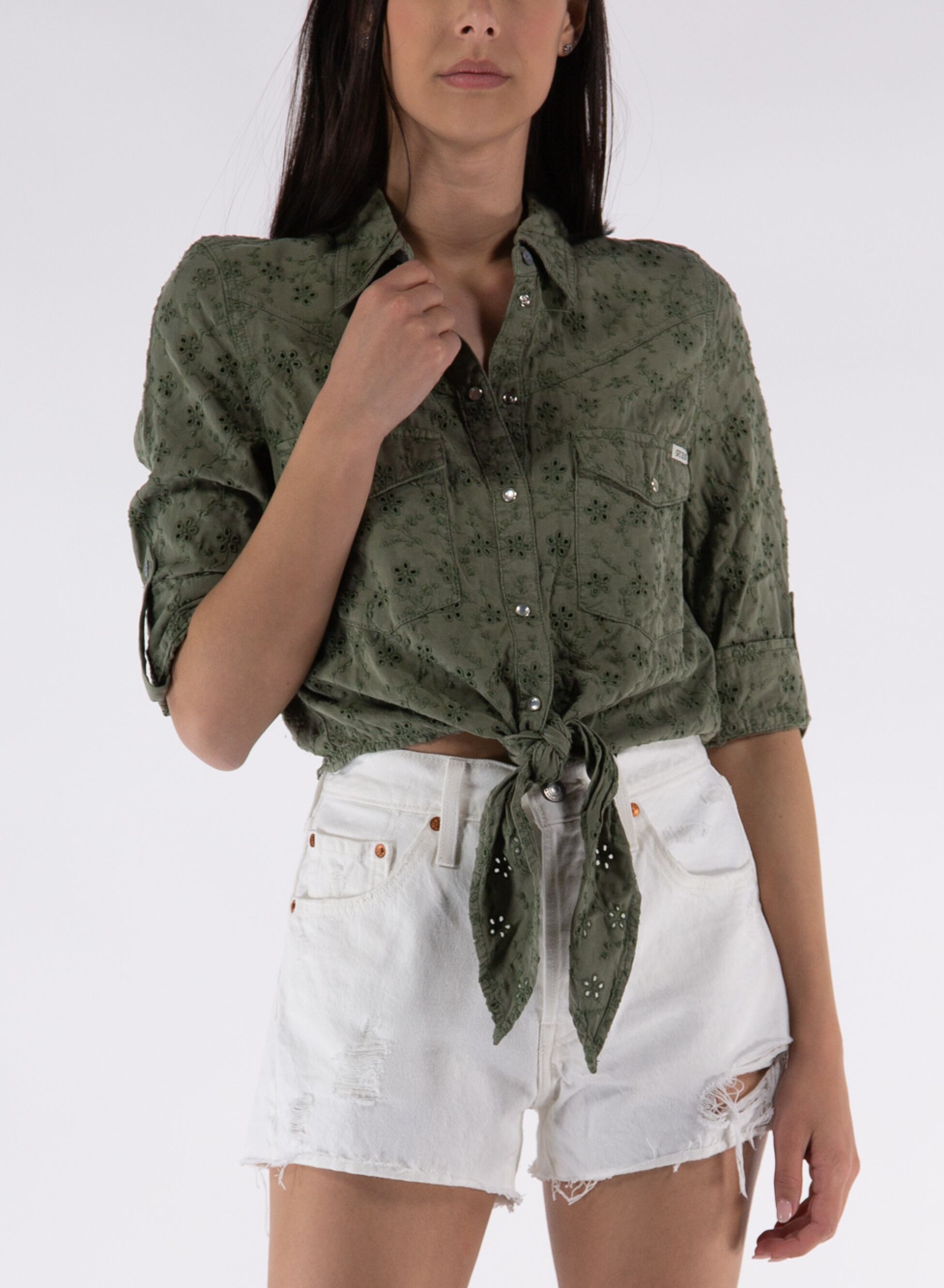Jeans Donna Camicia Effetto Pizzo Sangallo Verde