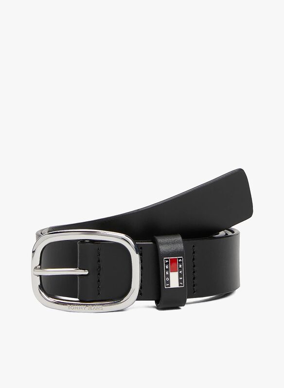 CINTURA IN PELLE CON FIBBIA OVALE E LOGO, BDS BLK, medium