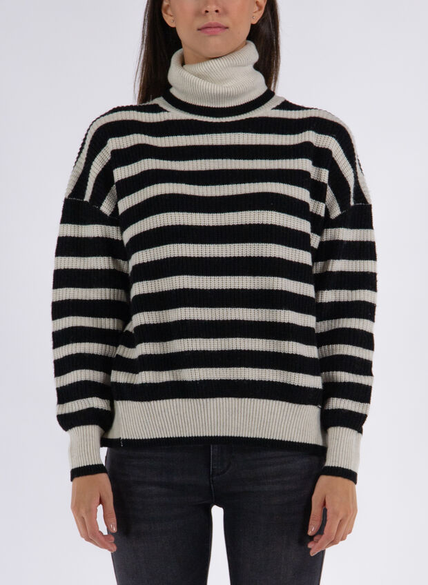MAGLIONE AMPIO CON FANTASIA A RIGHE BICOLORE, 109 BLKWHT, large