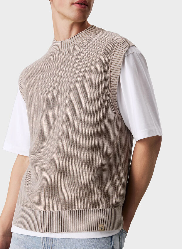 GILET IN COTONE A NIDO D'APE, PAN BEIGE, large