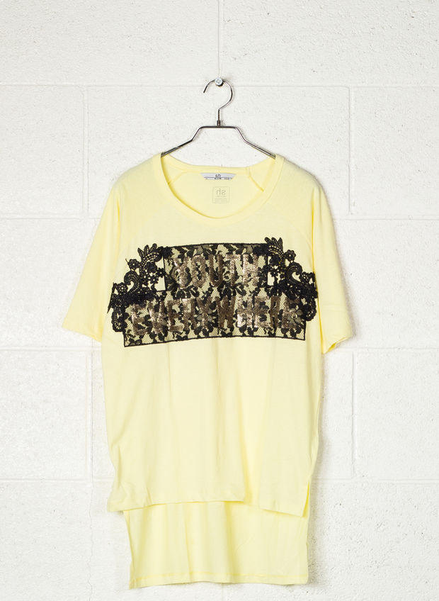 T-SHIRT STAMPA PIZZO CON PAJETTES, GIALLO, large