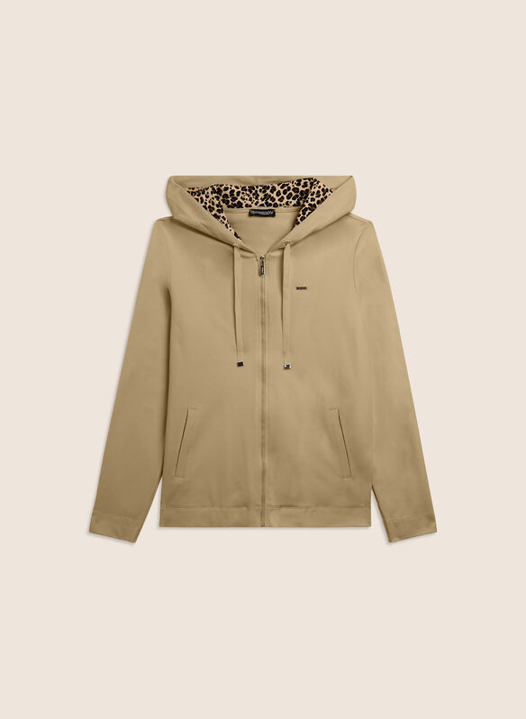 FELPA CON ZIP E CAPPUCCIO FODERA ANIMALIER, Z99 BEIGE, medium