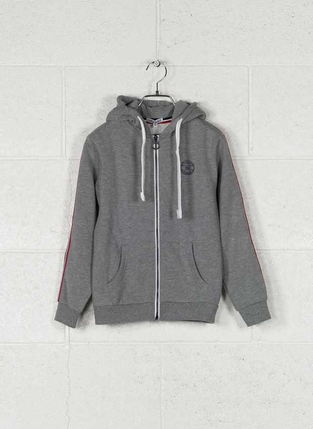FELPA CON CAPPUCCIO E BANDINA TRICOLOR RAGAZZO, GRIGIO, large